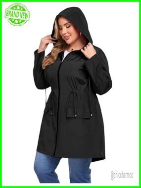 Plus Size Waterproof Midi Raincoat with Hood Lightweight Windbreaker